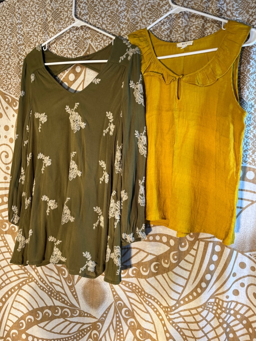 Bundle of Free People Olive Floral Long-Sleeve Blouse and Mine Yellow Tank